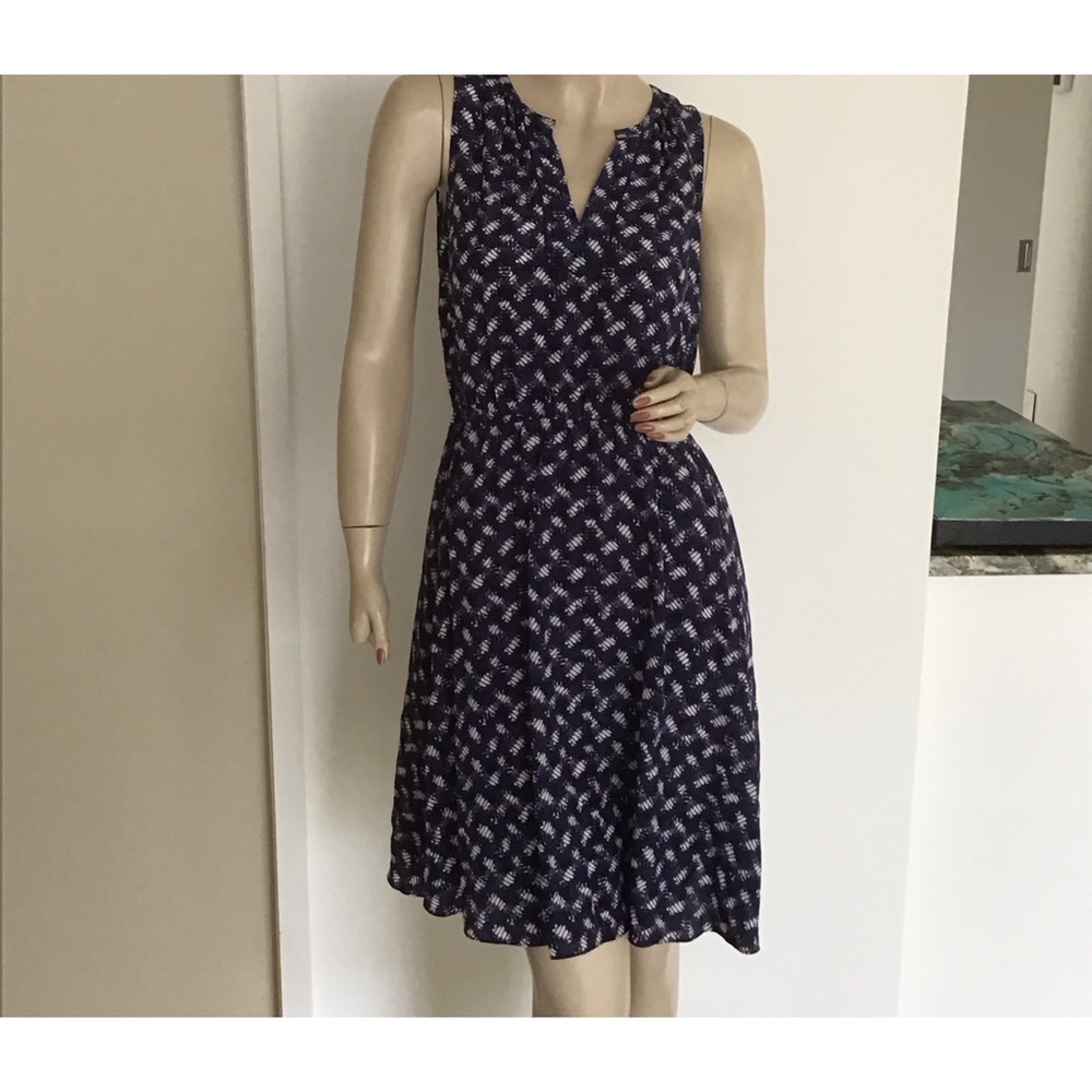 Rebecca Taylor Navy Blue Purple White Silk Chiffon Sleeveless V Neck Dress 2